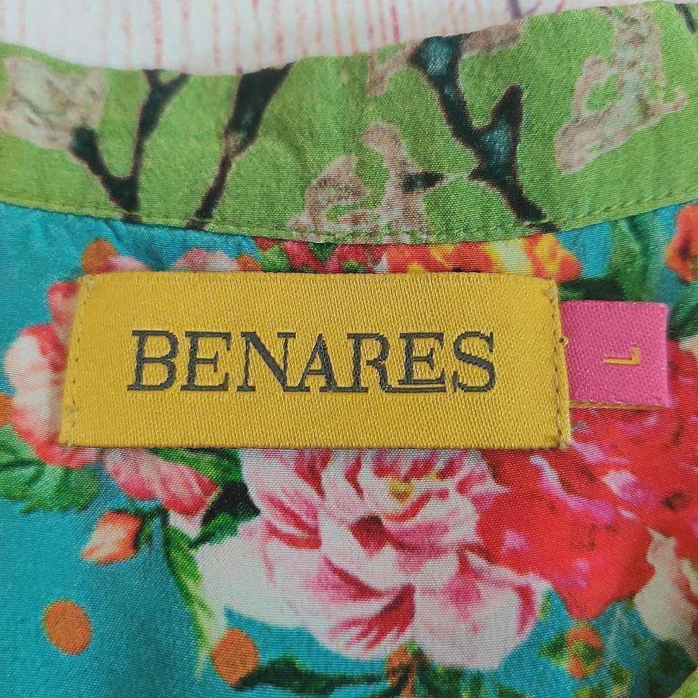 Benares bicycle floral split V-neck button front blouse sz L - Picture 7 of 8